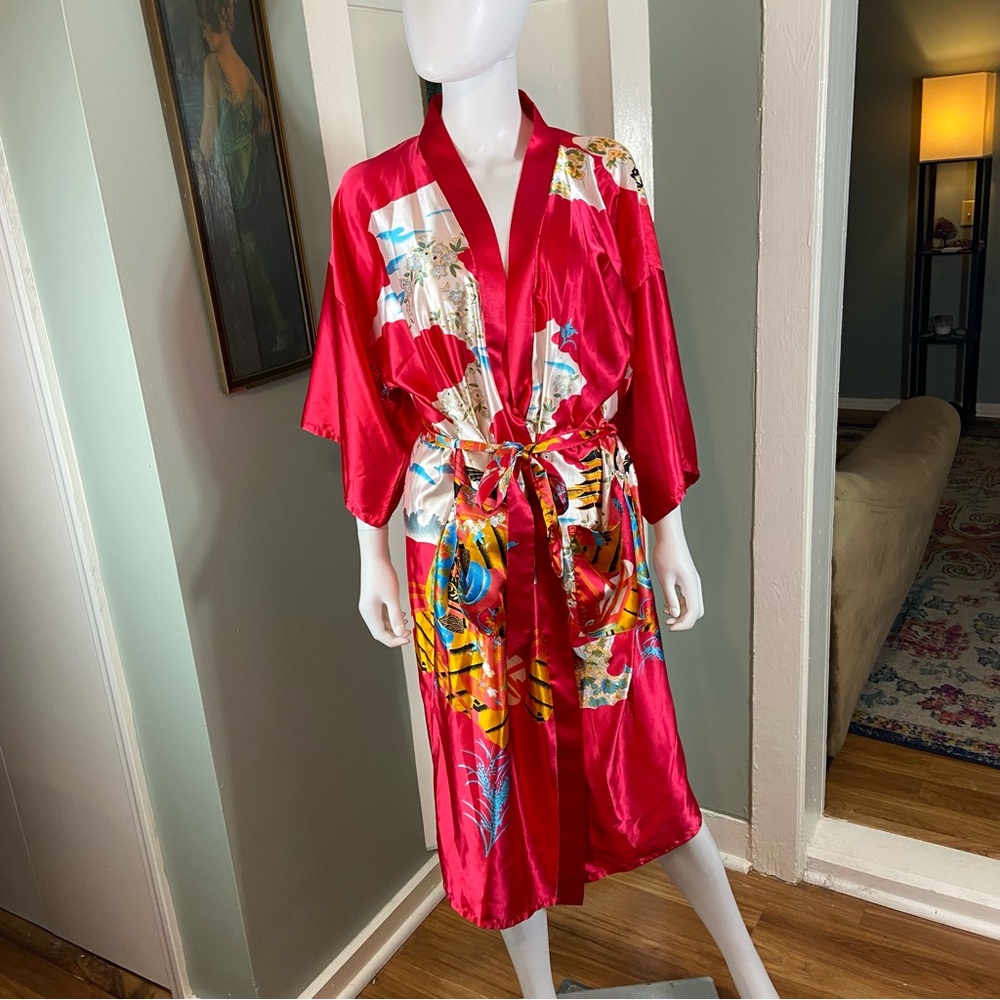 Satin Red Kimono Robe Asian Print Style Floral Women’s Small S